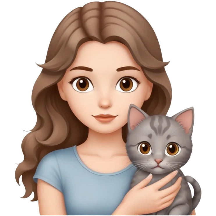 A beautiful  white girl with  brown waves and  a gray kitten and tococo emoji