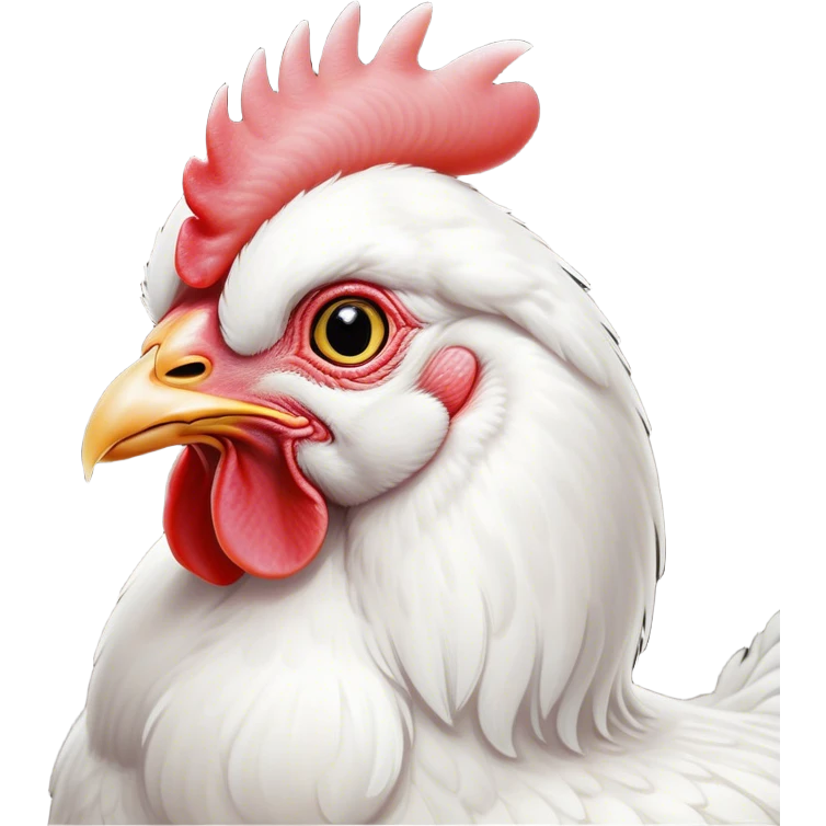 Cinematic Noble White Chicken Portrait Emoji, Poised and regal, with a compact, sturdy build and a pristine, well-groomed pure white plumage, deep-set soulful beady eyes, Simplified yet sharp and sophisticated features, highly detailed, glowing with a soft, dignified glow, high shine, intelligent and alert, stylized with an air of barnyard elegance, focused and attentive, soft glowing outline, capturing the essence of a watchful and confident fowl, so majestic it feels as though it could strut out of the screen with effortless authority! emoji