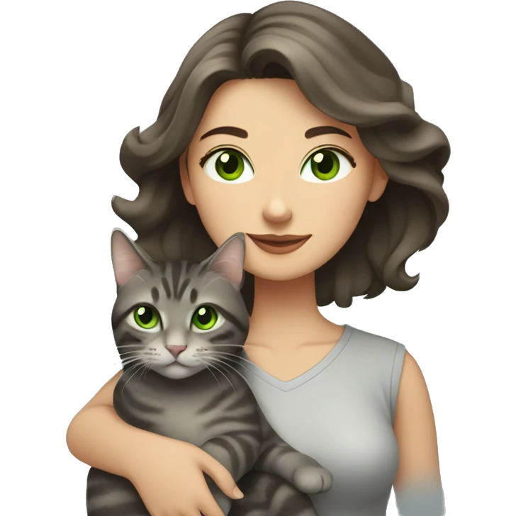 A woman with long dark brown hair and green eyes holds a gray tabby cat with green eyes in her arms emoji