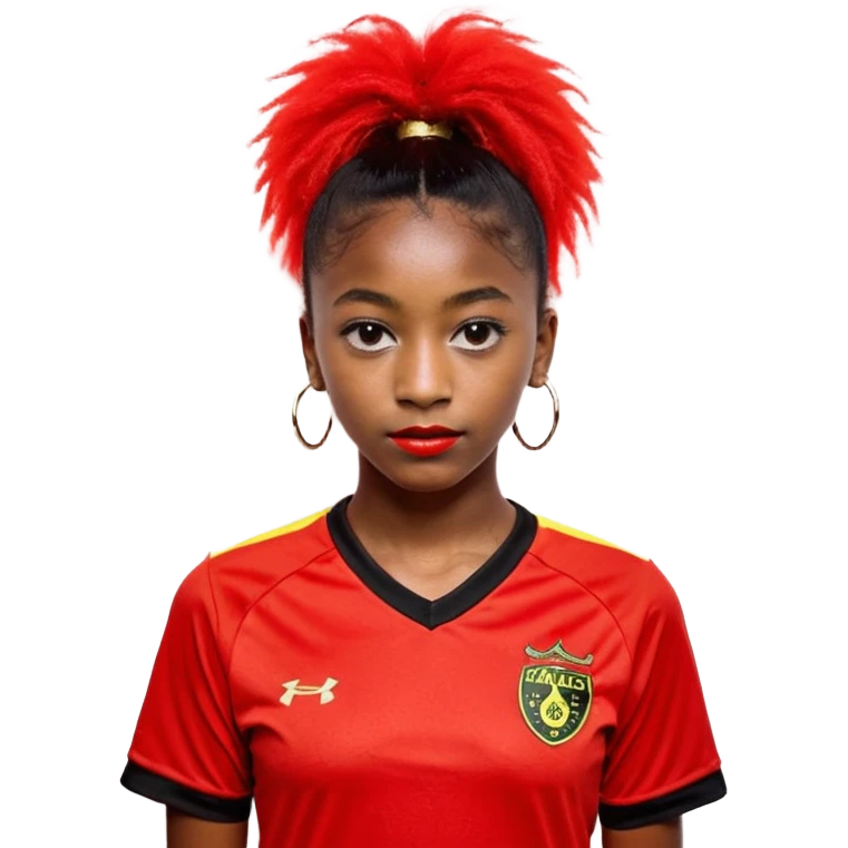 A imagem retrata um jovem de cabelo vermelho-neon e corte moderno, vestido com uma camisa de futebol preta e vermelha e uma corrente de ouro. Ele está em um ambiente interno, olhando para a câmera com uma expressão engajada e as mãos levantadas em um gesto de ênfase emoji
