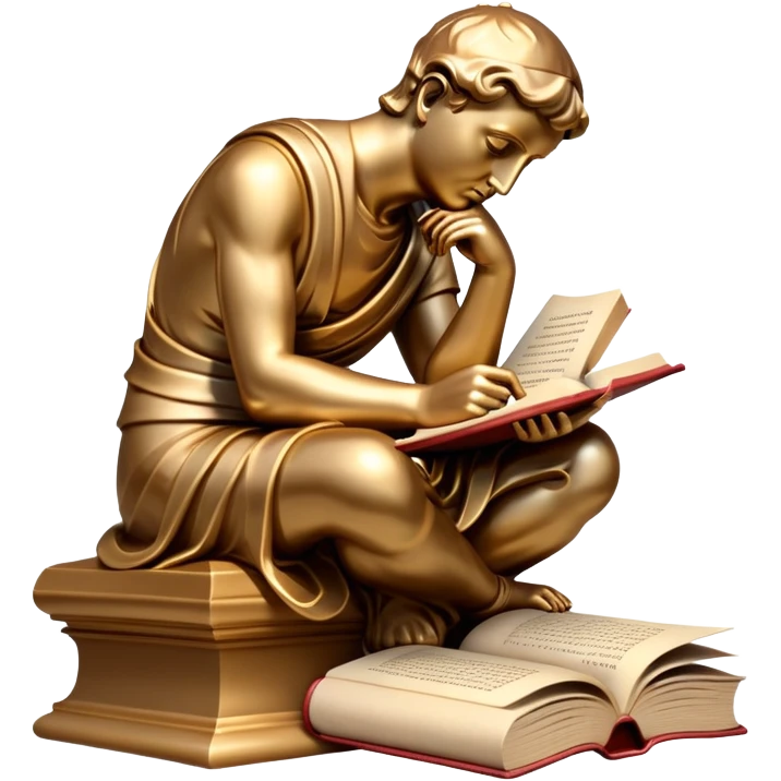 An icon featuring a thinker statue, a scroll, symbolizing philosophy. The design includes books and abstract symbols representing deep thought and wisdom. Transparent background highlights the study of ideas, logic, and existential questions emoji