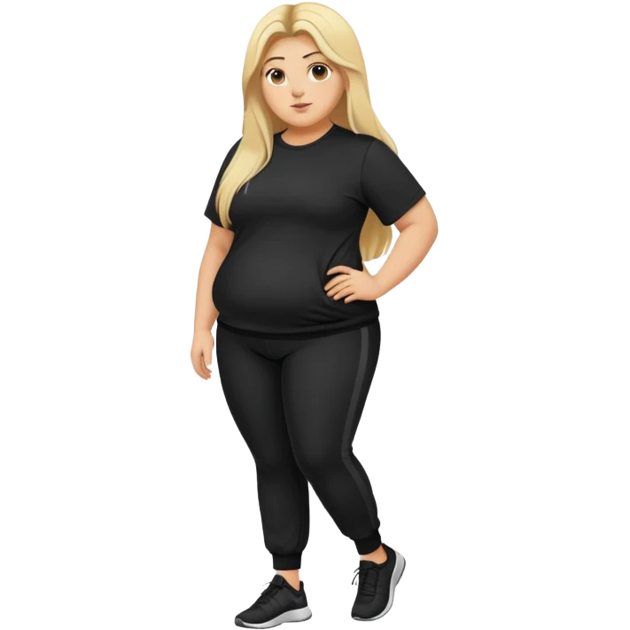 Fat woman in black jogging bottoms and black shirt long hair blonde hair with black roots emoji