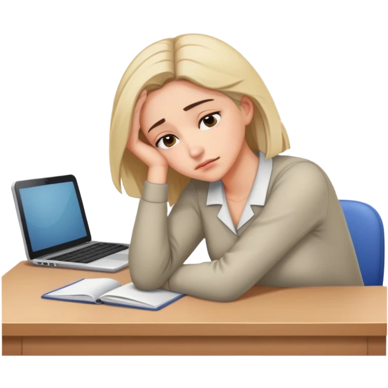 Tired woman leaning head on one hand, elbow on desk emoji