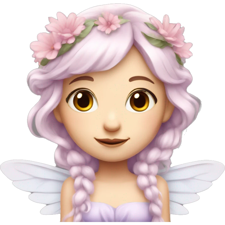 Beautiful, flower fairy, white long, light pink hair, big wings, fair skin, light violet eyes  emoji
