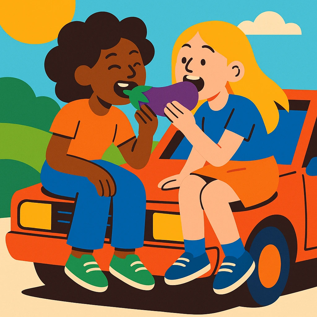 two girls eating an aubergine on the hood of a car, vibrant and playful style emoji