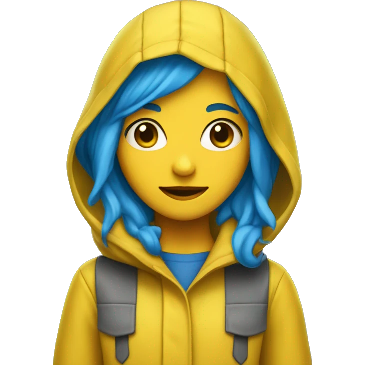 Girl with blue hair and button eyes wearing yellow raincoat emoji