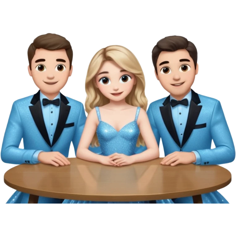 Sabrina carpenter in a light blue sparkly dress at a table with 3 handsome men, and she is standing up reaching over  emoji