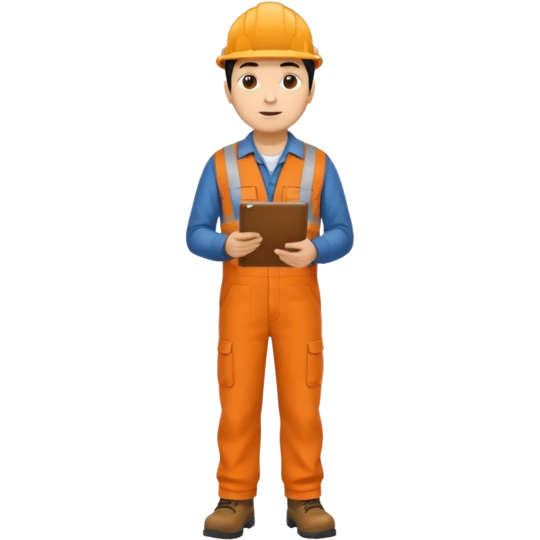 Indian male railway engineer orange overalls, boots holding a clipboard facing backwards emoji