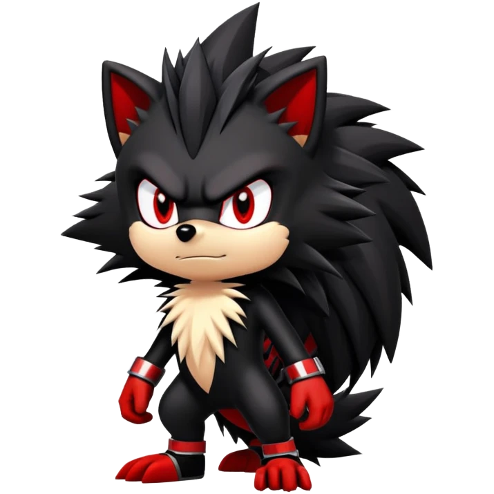 Shadow the Hedgehog with black fur, red stripes, white chest fur, and red eyes emoji