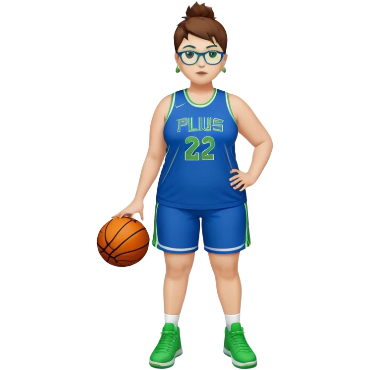 Full Body white plus size Girl with basketball spikey short brown HAIR wearing blue glasses with green eyes wearing blue and green basketball uniform PLAIN WITH GREEN SHOES AND EARRINGS emoji