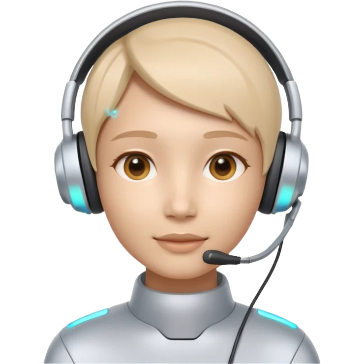 AI Call Agent holo-human-like Cyber AI face, warm, calm and friendly. Holographic look.Soft AI face with a listening, welcoming expression, minimal facial lines, calm eyes. Light headset. Bot. emoji
