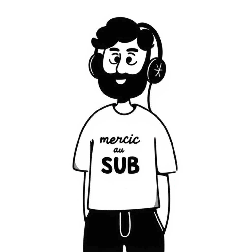 A person with black hair, brown eyes, and a black beard wearing a gaming headset saying "merci au SUB" emoji