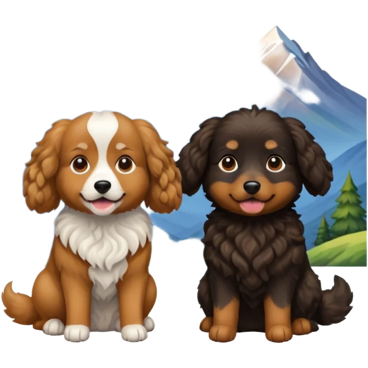 two dogs with wavy hair, one black and one brown with mountains emoji