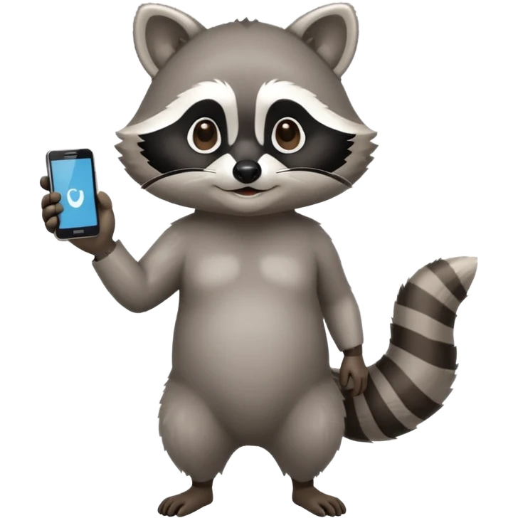 racoon holding a phone and pointing a finger to it full body friendly calm emoji
