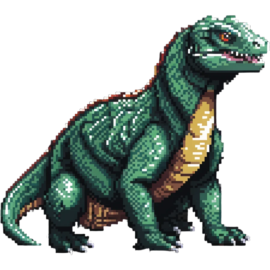 Pixel art komodo dragon with detailed scales and forked tongue emoji