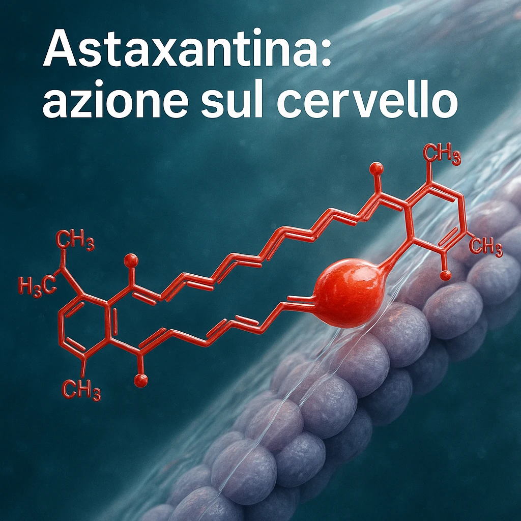 hyper realistic red astaxanthin molecule in motion penetrating a transparent blood-brain barrier, scientific atmosphere, realistic details, with text 'Astaxantina: azione sul cervello' emoji