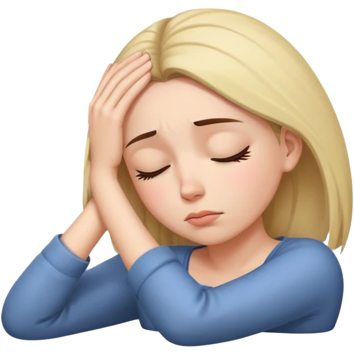Exhausted woman with head resting on palm, looking sleepy emoji