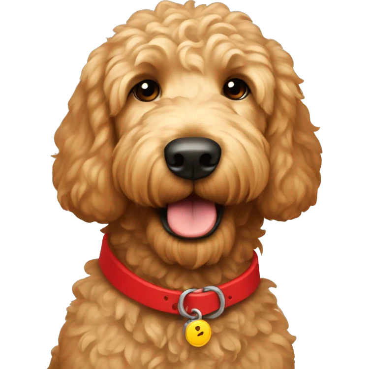 light brown golden doodle wearing a red collar emoji