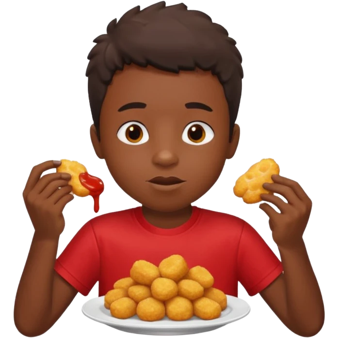 A boy with dark skin wearing a red and yellow t-shirt, eating star-shaped chicken nuggets with ketchup sauce. emoji
