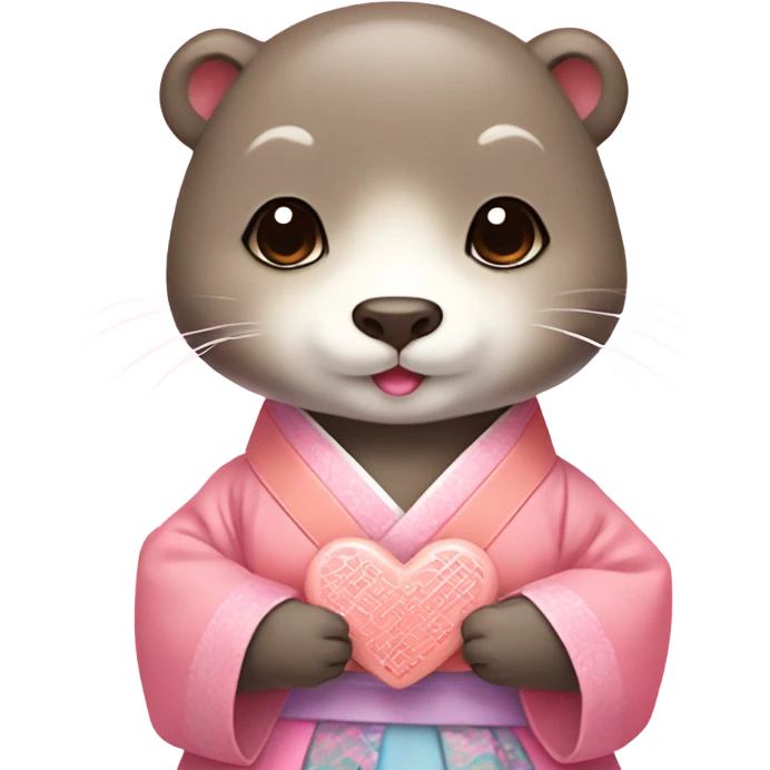A cute and lovely otter dressed in pastel-colored traditional Korean hanbok, holding a coral-pink heart emoji