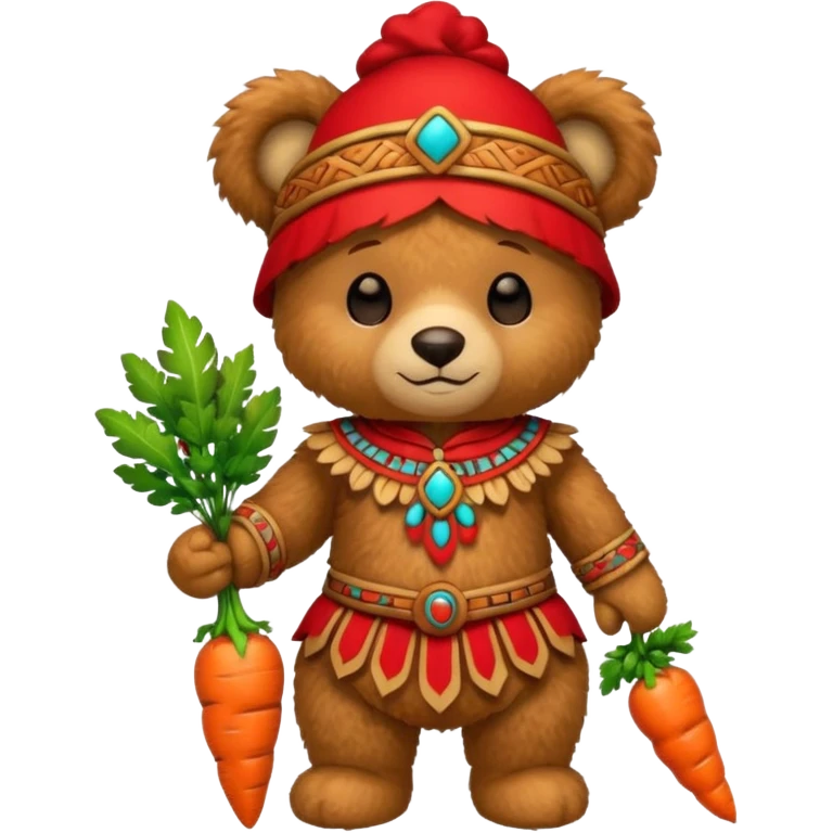 teddy bear, wearing red mayan ancient custome, with carrot emoji