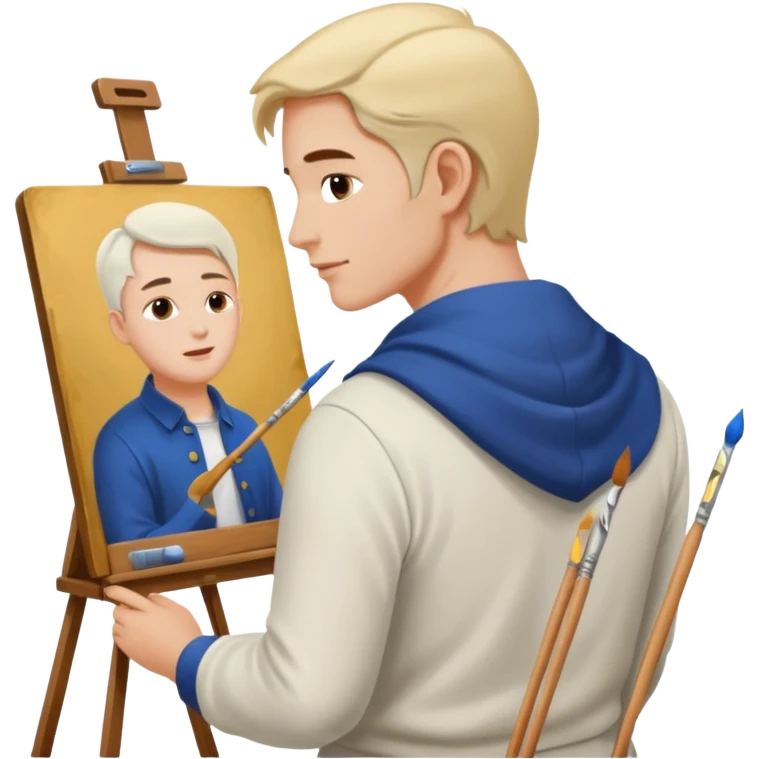 the white artist stands with his back to the painting, painting a portrait emoji