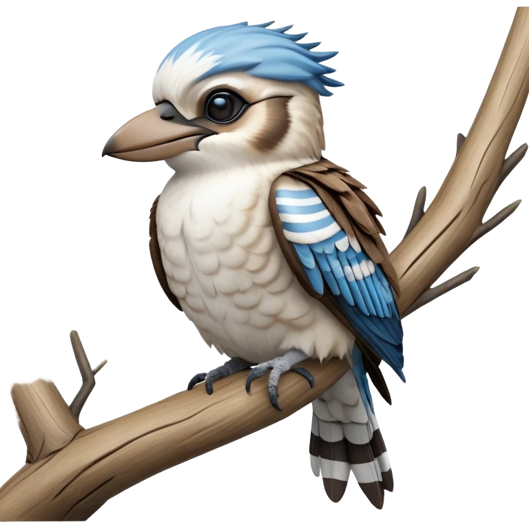 cinematic-kookaburra-realistic-full-body-perched-emoji,-compact-sturdy-frame-balanced-on-a-weathered-branch,-blue-and-white-feathered-wings-folded-neatly,-bold-striped-face-with-a-mischievous-glint-in-its-eye,-massive-sharp-beak-slightly-open-as-if-ready-to-laugh,-simplified-yet-realistic-focused-features,-highly-detailed,-glowing-with-a-warm-golden-light emoji