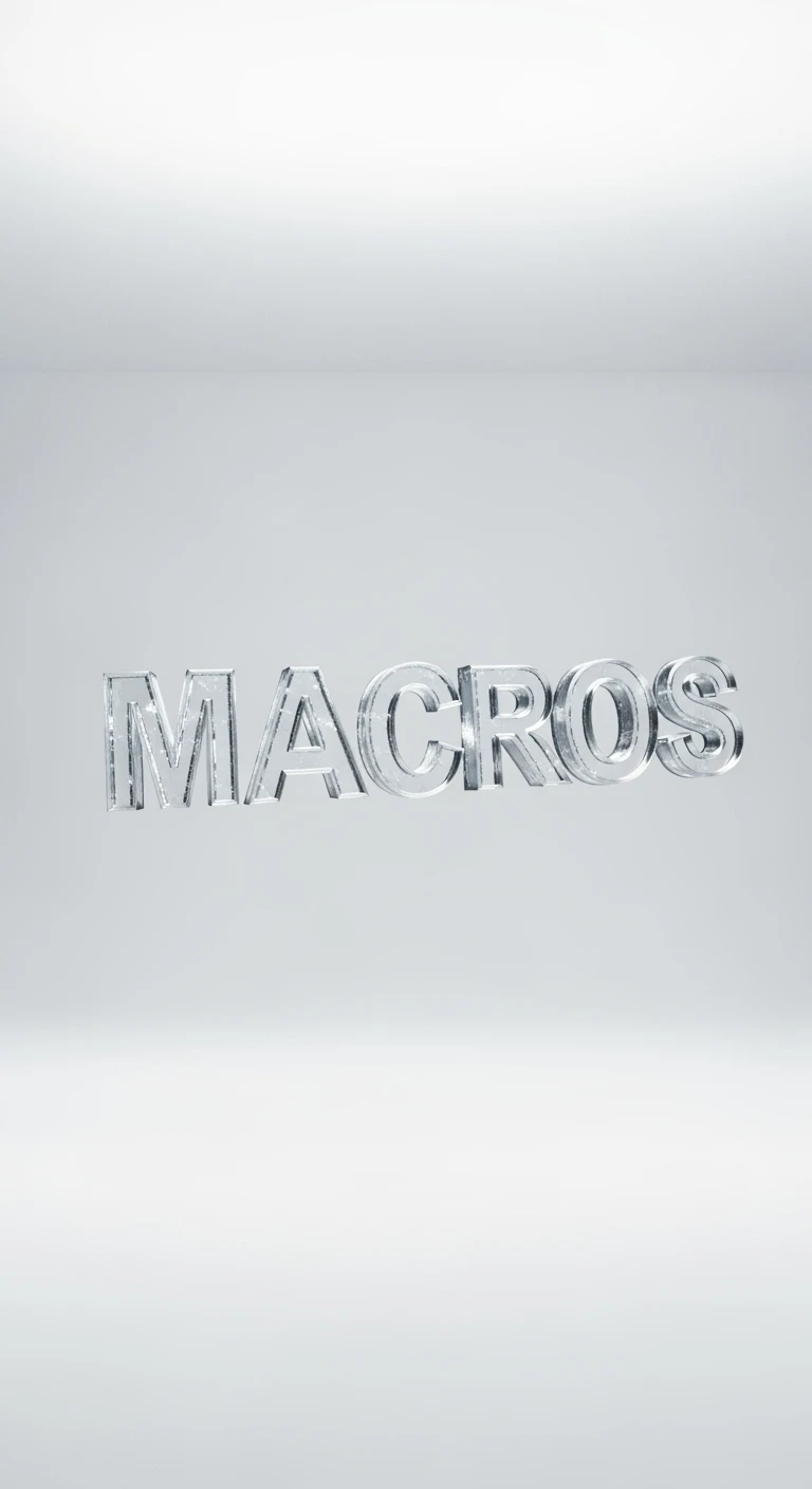 le parole "macros" fluttuano in aria, sfondo bianco emoji