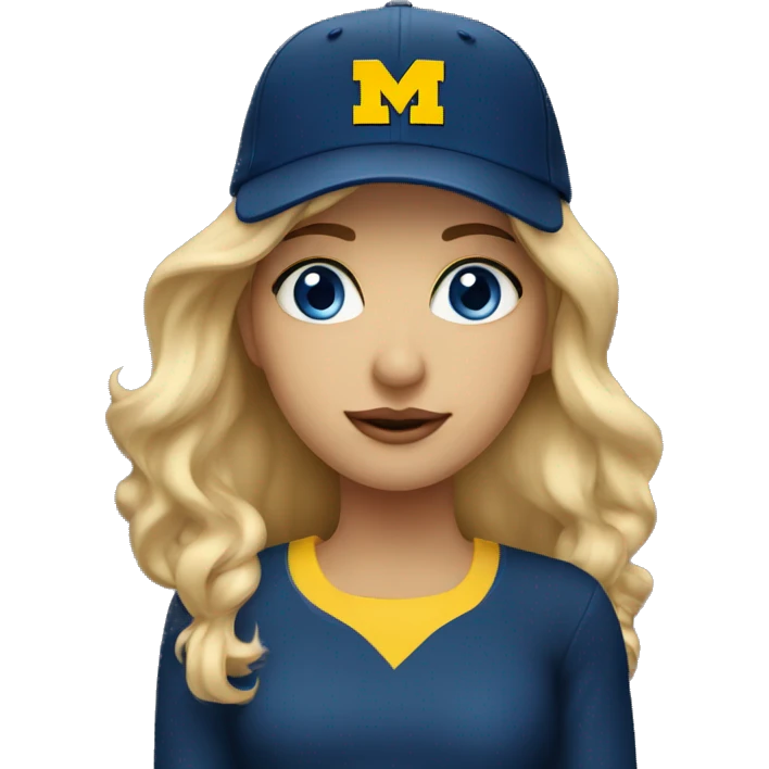 Blonde girl with blue eyes wearing University of Michigan hat emoji