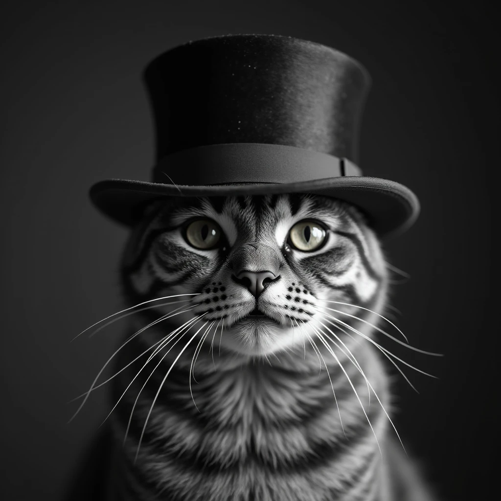 realistic grayscale photograph of a cat with a top hat, sharp details emoji