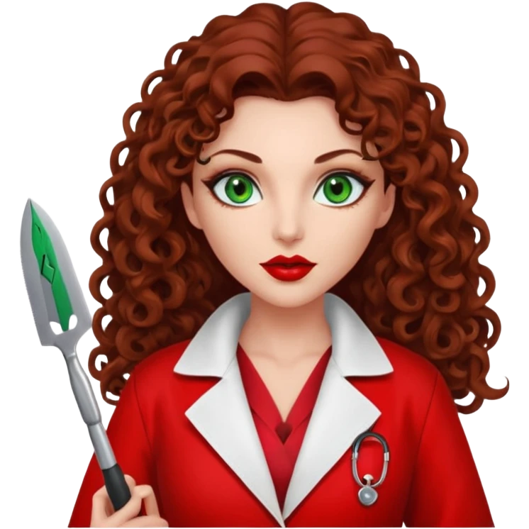Lilith symbol seductress evil woman. She has green eyes.  had brown long curly hair.  evil surgeon kills with scalpel wears red sexy doctor coat with red mouth cover emoji