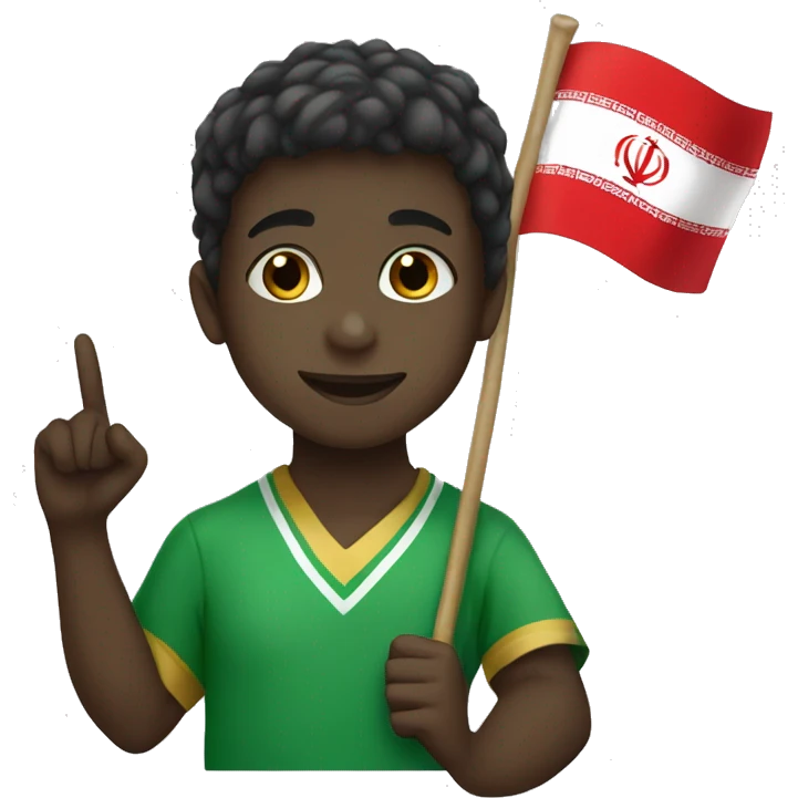 A dark-skinned boy with an Iranian flag and a victory sign emoji