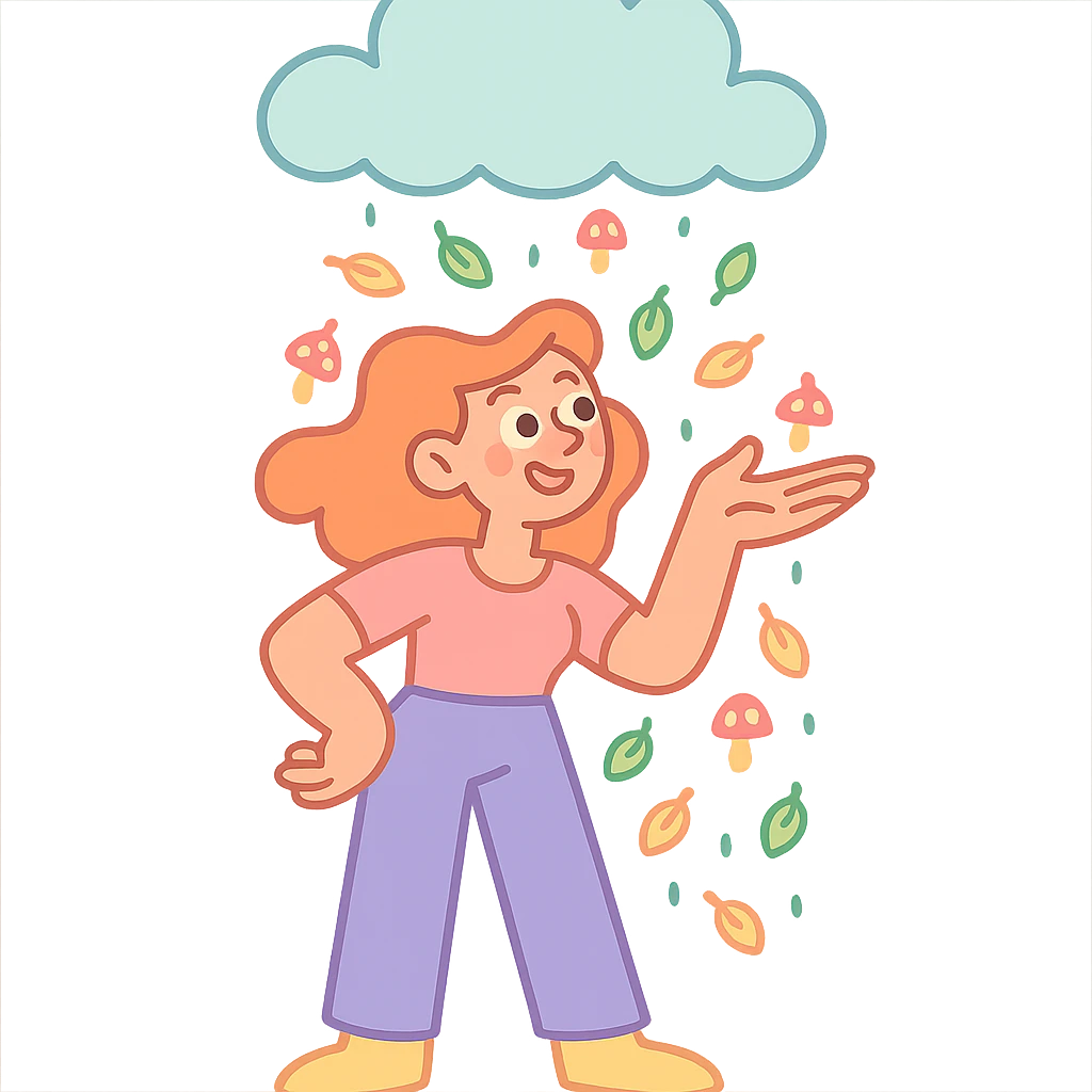 cloud raining tiny leaves and mushrooms, whimsical rain, pastel tones, pastel-toon style emoji