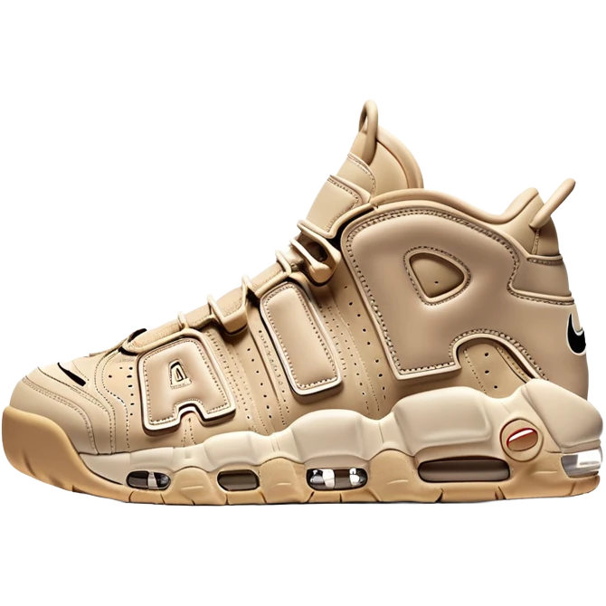 Beige colored Nike Air More Uptempo basketball sneakers with one sneaker positioned behind the other, featuring large AIR text on the sides emoji