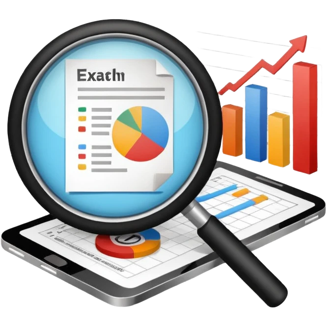 Checking and auditing estimate documents with search icon and infographic chart emoji