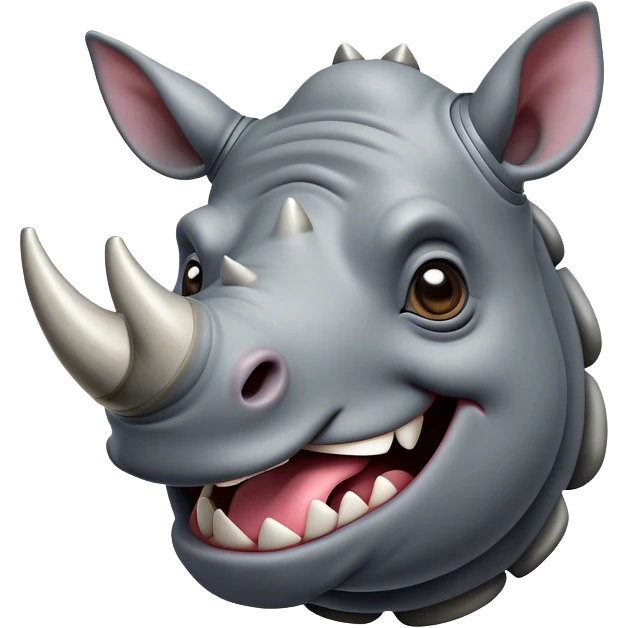 Cinematic Comical Rhinoceros Portrait Emoji, Head tilted dramatically with an exaggeratedly amused expression, featuring a striking, glossy slate-gray hide with a boldly textured horn, wide, expressive eyes filled with playful disbelief, Simplified yet hilariously expressive features, highly detailed, glowing with a slightly sassy glow, high shine, dramatic yet playful, stylized with an air of cheeky wild mischief, bright and endearing, soft glowing outline, capturing the essence of a spirited and over-the-top rhinoceros, so meme-worthy it feels like it could charge its way into internet fame instantly! emoji