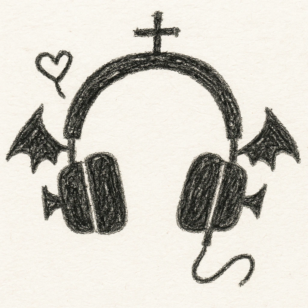 black gothic headphones with playful gothic shapes and simple lines emoji