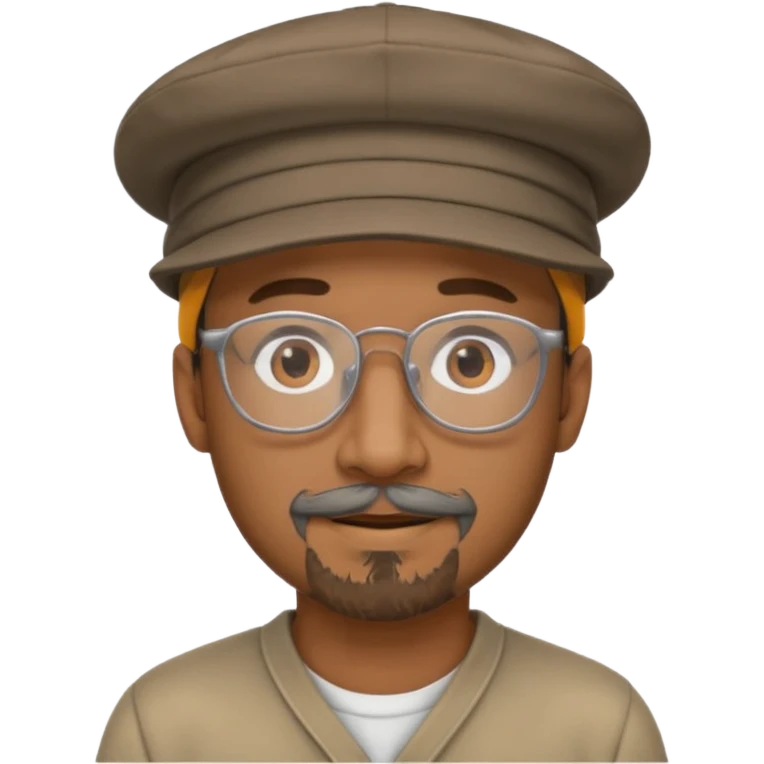 Brown man with hat no hair, but gray goatee, clear glasses and slightly smiling emoji