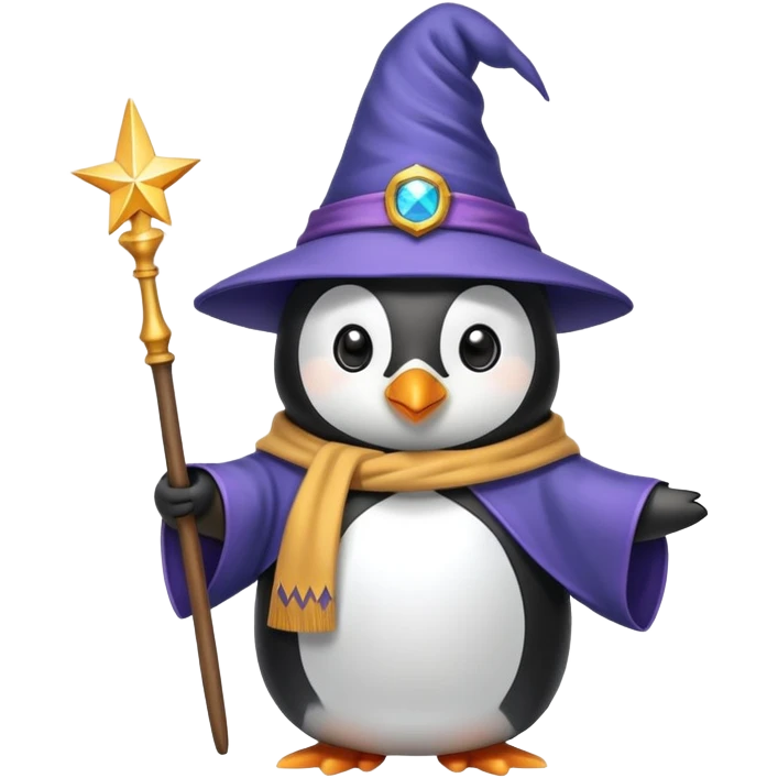 Penguin wearing wizard hat and robe holding a magic wand emoji
