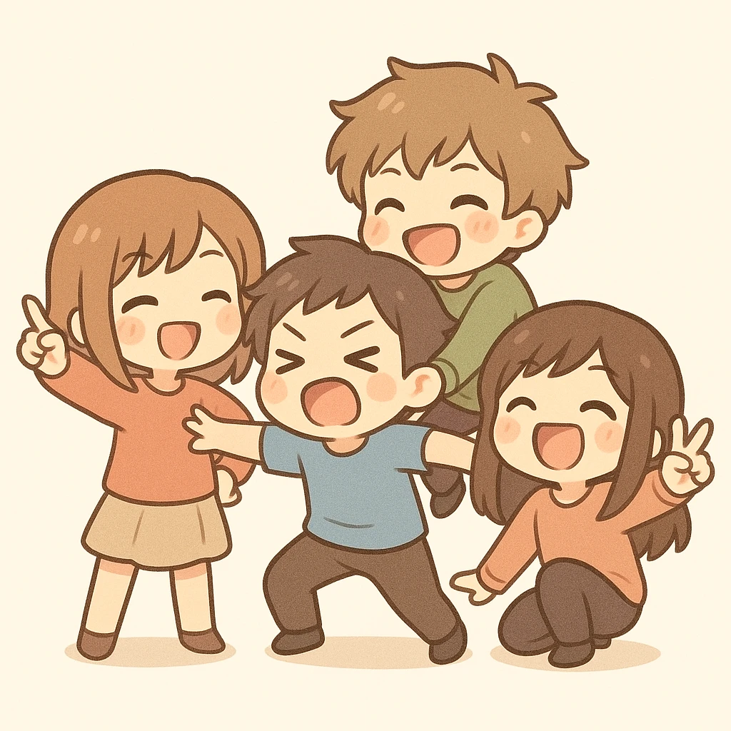 grupo de personas haciendo locuras, estilo chibi stickers emoji