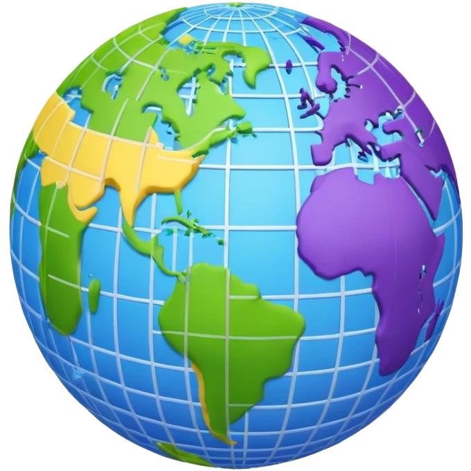 Emoji of planet Earth in a grid pattern, using blue, purple, yellow, and green. Clean, modern, and minimalistic emoji