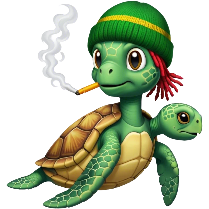Sea turtle, smokin weed. wearing a rasta beanie with dreads. emoji