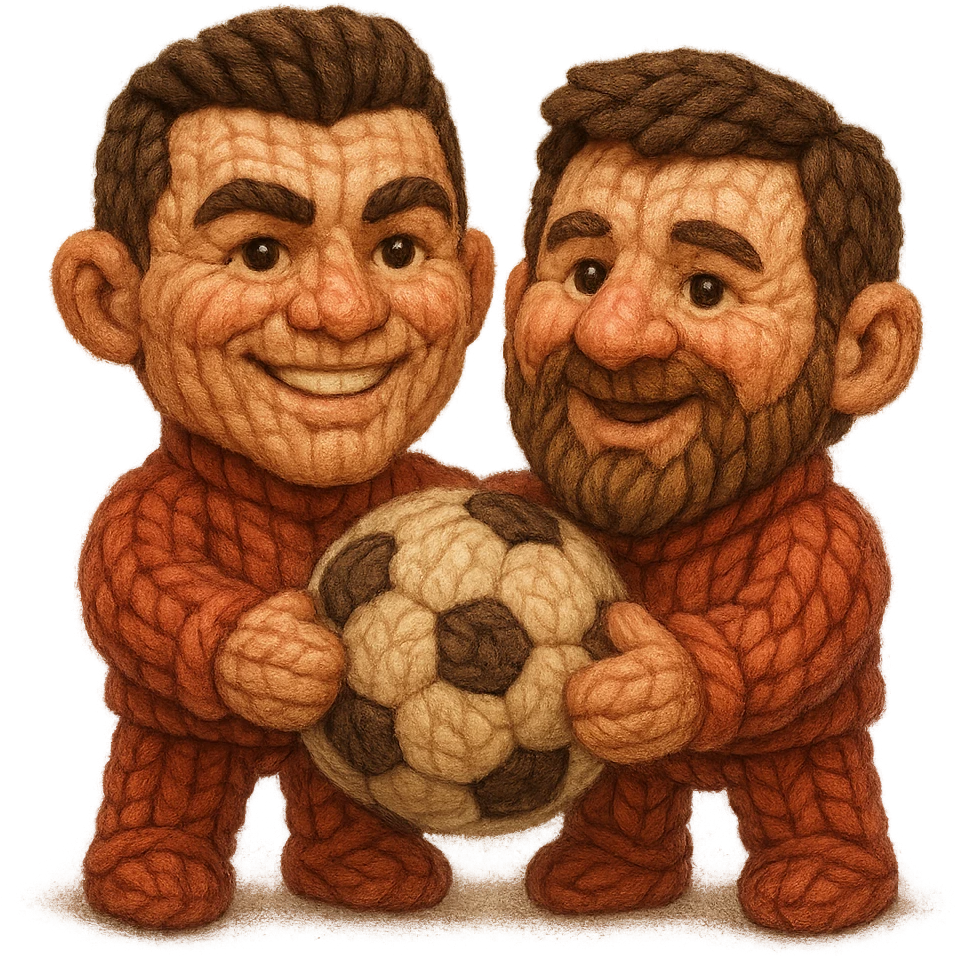 happy Cristiano Ronaldo and Lionel Messi holding a soccer ball, both as red knitted thread dolls, realistic painted cartoon style emoji