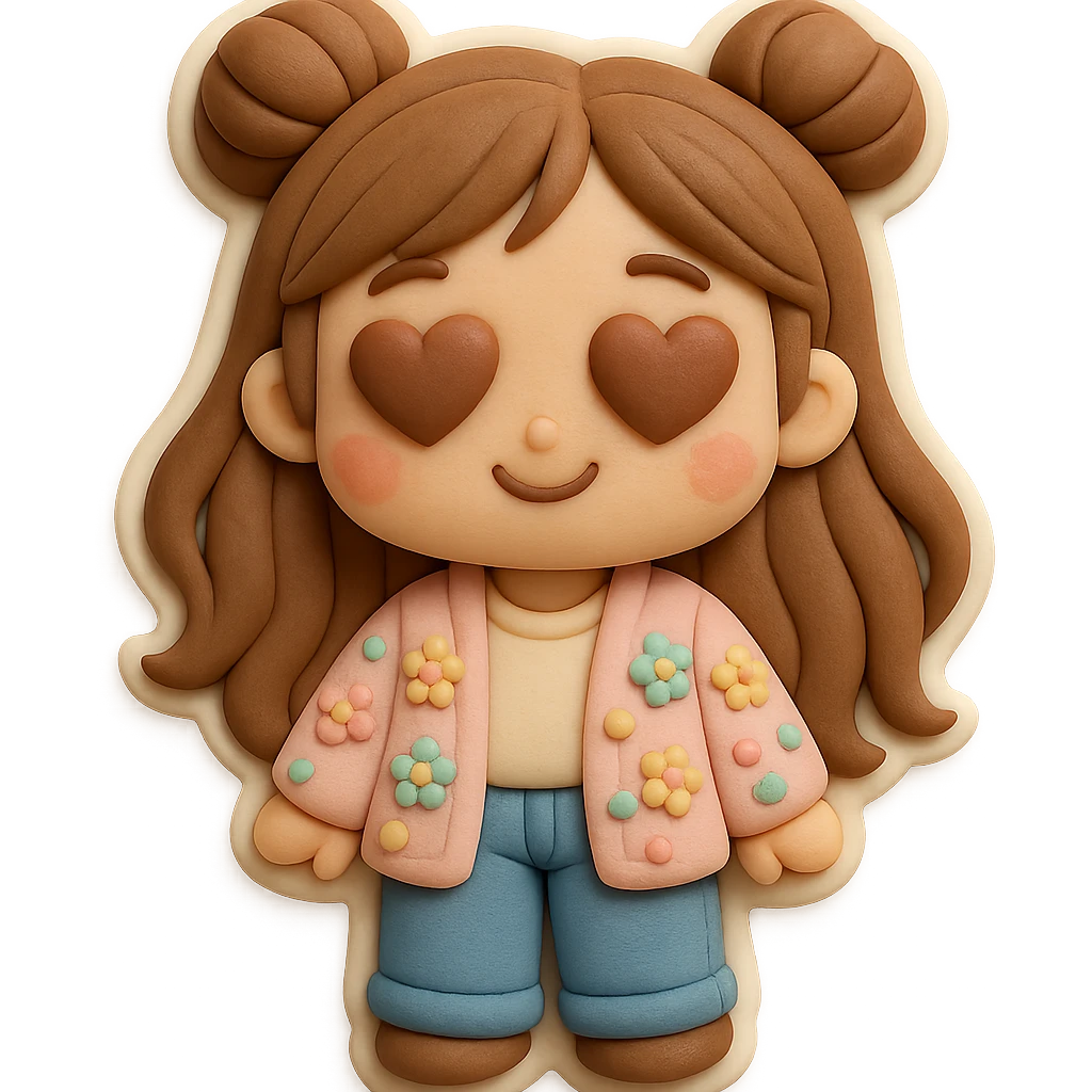3D chibi girl fondant cake art style, high-quality rendering with smooth shadows and soft gradients, long brown hair in two space buns, brown eyes, jeans, pastel floral cardigan, thick white outline like a sticker, transparent background, in love with hearts in her eyes, preserve facial features from reference image emoji