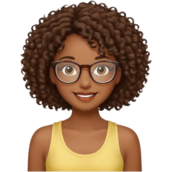 happy girl with dark skin and brown curly hair and clear glasses, long eyelashes, wearing a light yellow tank top emoji