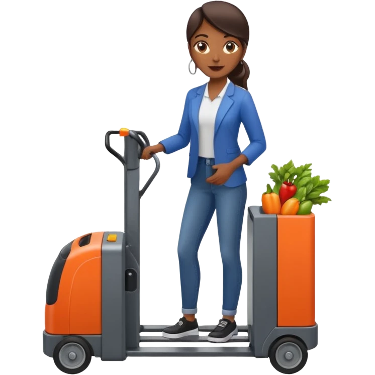 Femme sur un transpalette électrique, portant des canettes de fruits et de légumes emoji