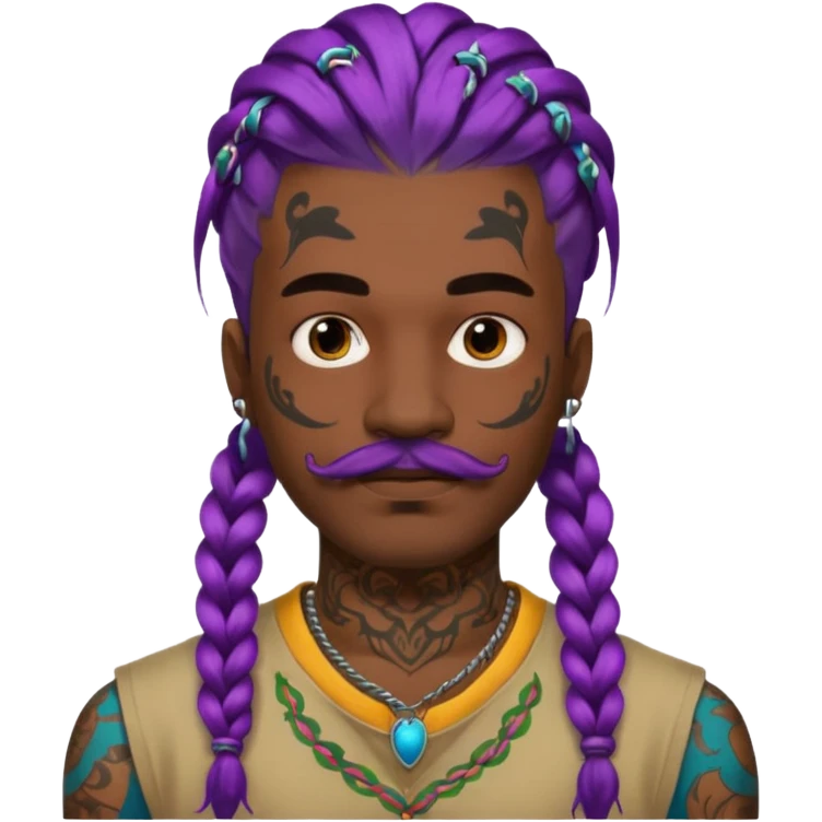 big lose braids starting from the top of the head man with mustache face wiith big visible braids and lots and lots of face tattoos colored tattoos like a tattoo artist hair unique color emoji