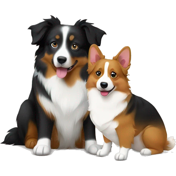 Black try Australian shepherd, and tri color corgi sitting next to each other  emoji