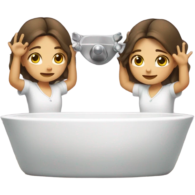 Girl with brown hair turning on two sinks, one with each hand emoji