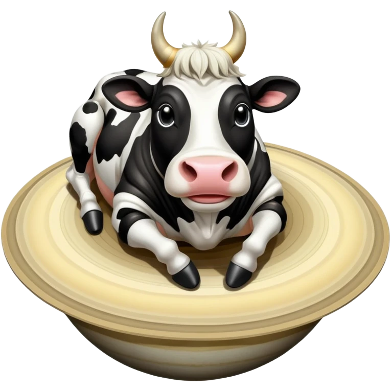 A black and white spotted cow head on top of the planet Saturn with its rings, and enormous human feet wearing shoes supporting the whole structure emoji